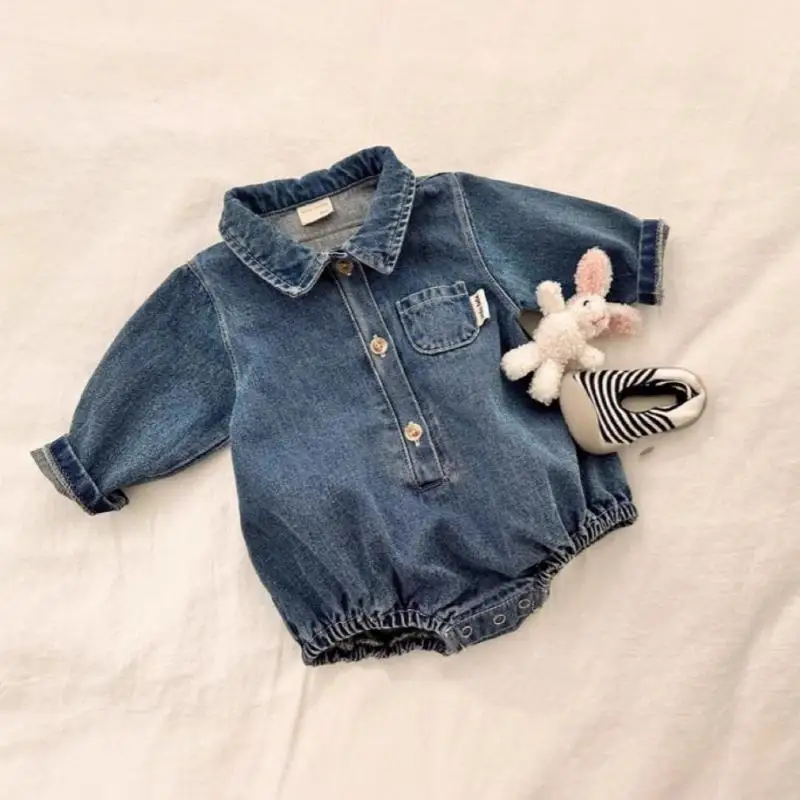 

2025 Autumn New Baby Girl Long Sleeve Denim Bodysuit Newborn Infant Boy Lapel Jumpsuit Cute Toddler Loose Clothes 0-24M