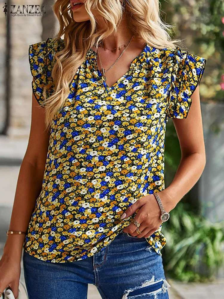 Zanzea Mode Bloemenprint Tanktops Zomer Casual Mouwloze Blouse Vrouw Elegante V-Hals Shirts Oversized Feestvest