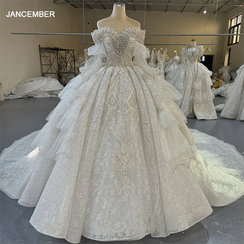 Jancember Wedding Dress Lace On Net Beading With Ball Gown Princess V-Neck Half Sleeve Church Wedding Vestido De Novia MN248