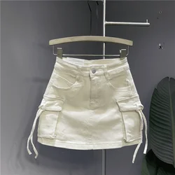 Zipper Fly Denim SKirts with Button Women's Denim Cargo Skirts with Pockets Sexy Mini A-line Jean Skirts Female Streetwear