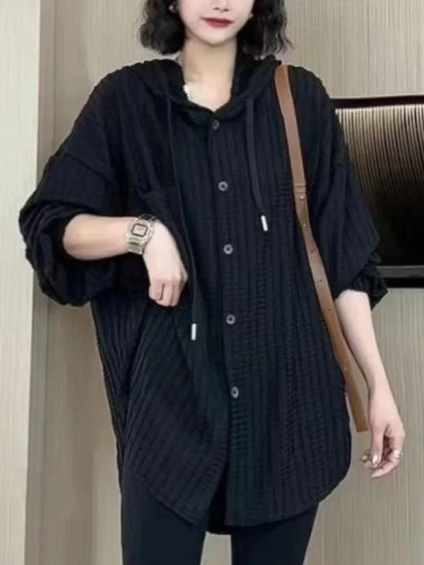 

plus Size Hooded Long Sve White irt Women's Spring Autumn New Sle Slimming Casual Top Coat Loose Fit Button Detail