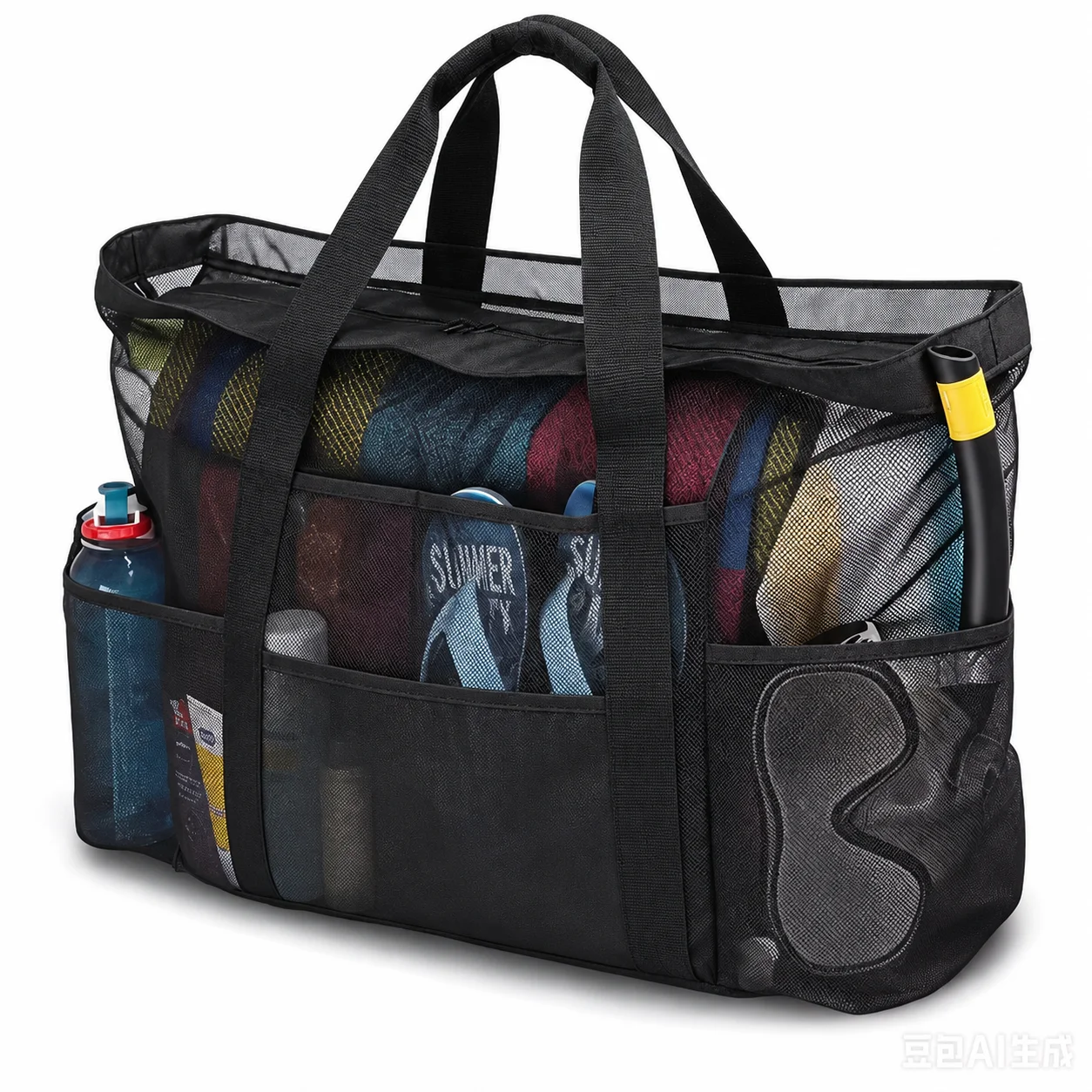 1pc Extra Large Mesh Beach Bag, Breathable Mesh Tote with Zipper & Side Pockets, Portable Large Capacity Finishing Organizer Bag