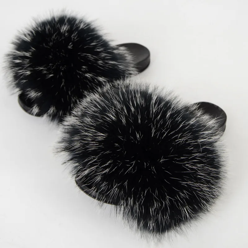 Real Raccoon Fur Slippers Women\'s Summer Fur Slippers Big Size Furry Natural Fur Shoes Beach Plush Sliders Fashion Female Shoes