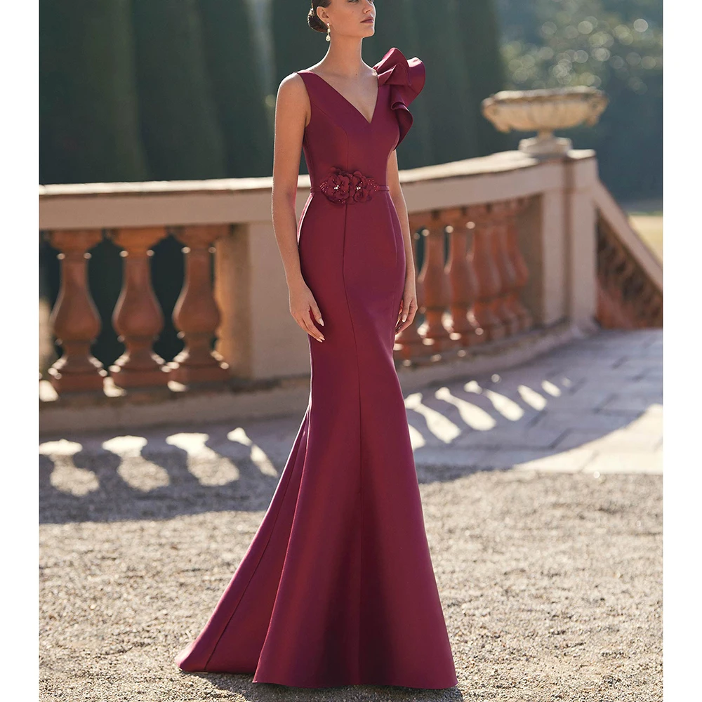Custom Made Bridesmaid Dress V-neck Satin High Quality 3D Flowers Evening Gown Sheath Draped Floor Length for Wedding vestidos