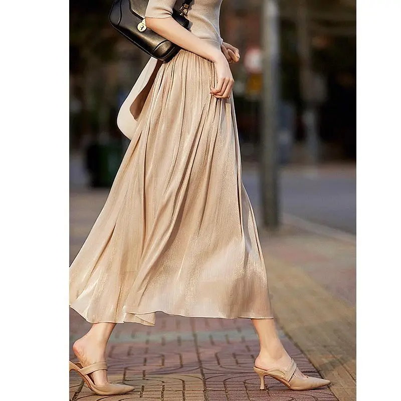 

Satin Silk Skirts for Women 2024 New Summer Autumn Korean Fashion Balck Midi A-line Long Skirt High Waist Female Skirts P890