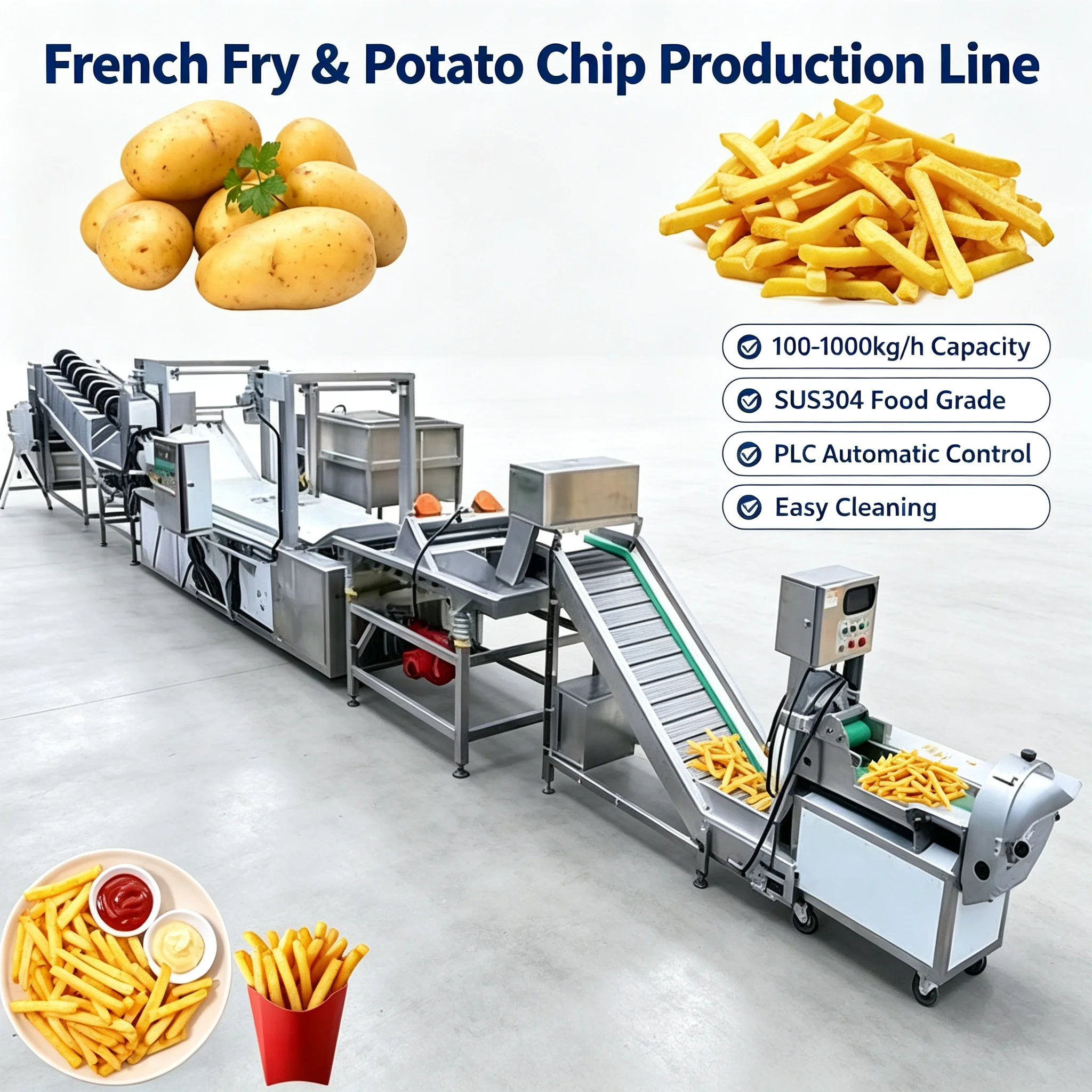 French Fries Production Line, High‑output Potato Chips Processing Unit SUS304 Material For Commercial Food Processing Customized