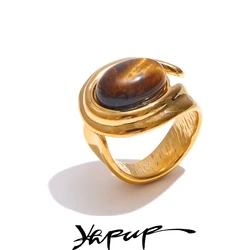 Yhpup Popular Stainless Steel Natural Tiger Stone Finger Ring Gold Silver Color Waterproof Geometric Charm Jewelry