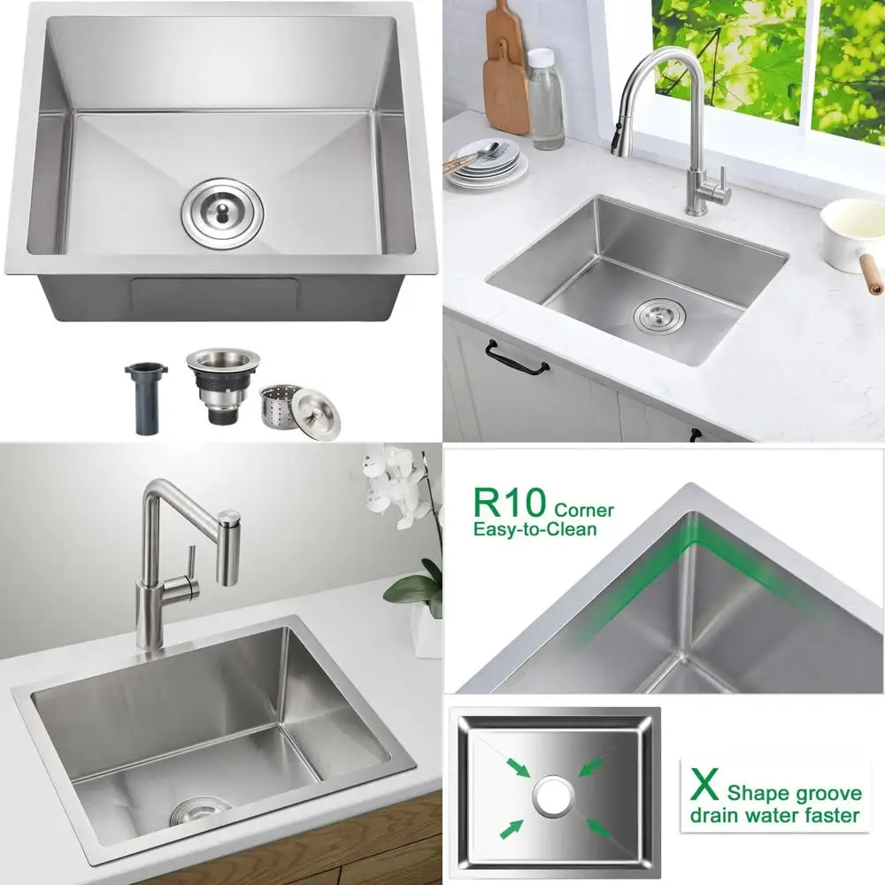 

Stainless Steel Kitchen Sink 22x18 Inch Single Bowl Undermount Deep 9 Inch Handmade R10 Corners