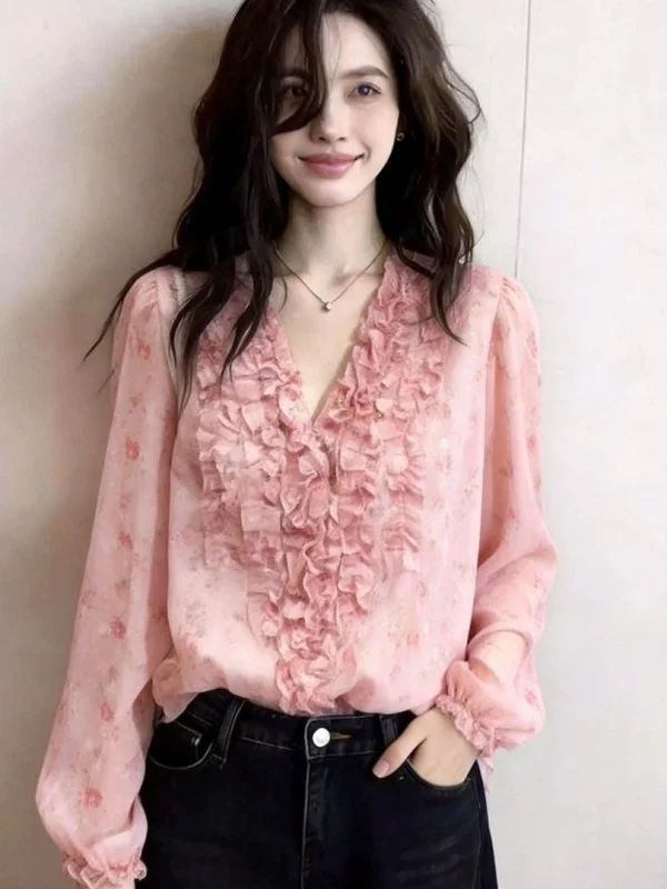

Sweet Korean Style Long Sleeve V-Neck Floral Print Shirt Women's Fashion Slim Fit Spring New Arrival Pink Color Breathable Sk...