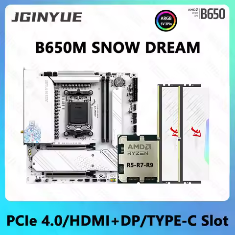 B650 Diy Gaming Computer Set with AMD Ryzen 7000/8000/9000 Series and 2*16GB DDR5 Ram ARGB B650M Snow Dream PCIe 4.0&times;4 M.2 Nvme
