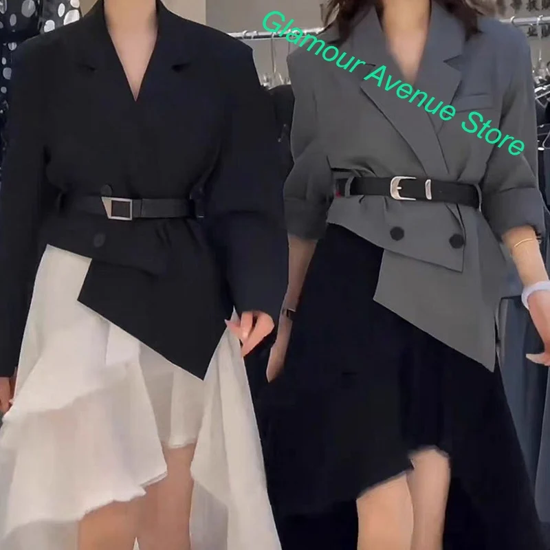 Korean retro fashion asymmetric suit jacket women's spring and autumn waist double-breasted design sense outside the casual top.