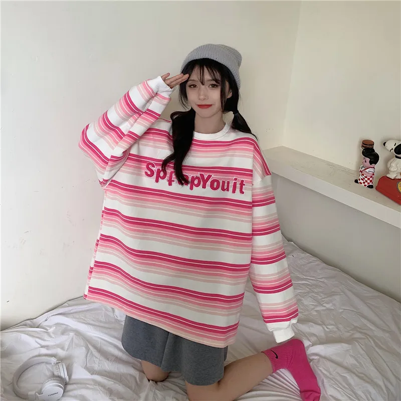 Women No Hat Hoodies Bf Sweet High Street Stripes Letter Leisure Slouchy Streetwear Retro Ulzzang Mujer O-neck Lovely Harajuku