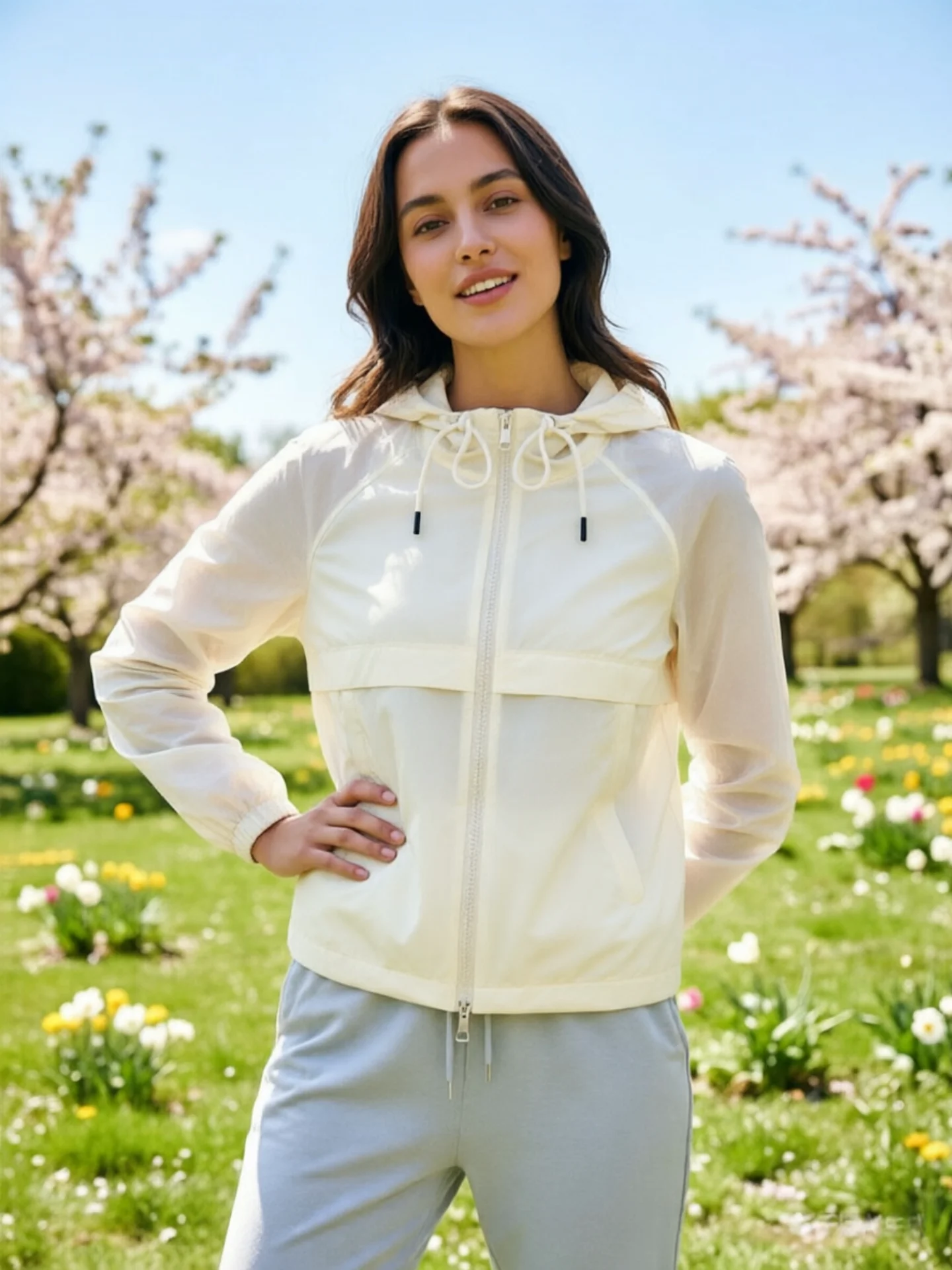 Professional Women's American Casual Hooded Shoulder Sleeve Insert Lightweight Spring Summer Jacket  Green Cream White S...