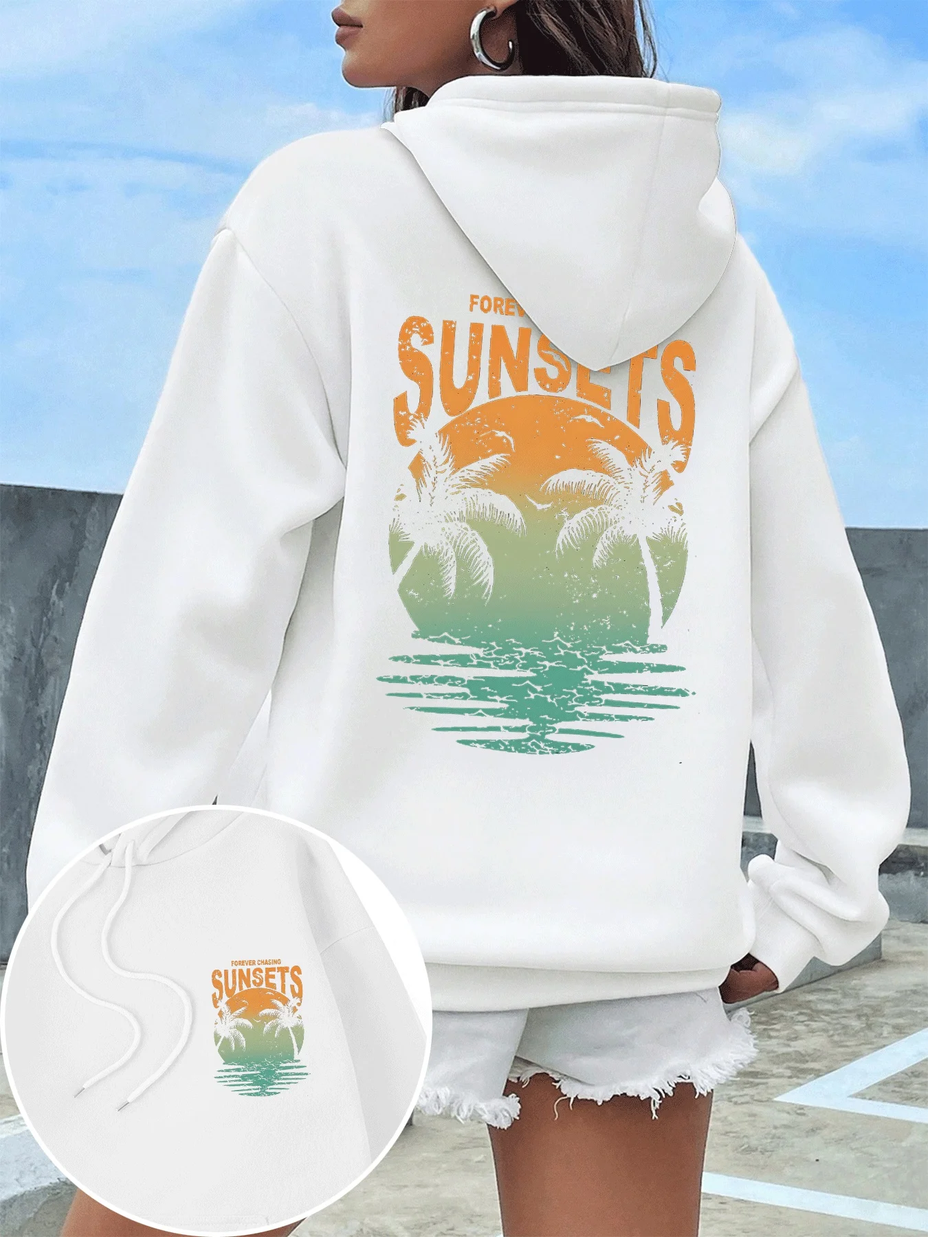 Forever Chasing Sunsets-sudaderas con capucha con estampado de árbol de coco para mujer, Sudadera con capucha con bolsillo de Hip Hop, ropa deportiva informal que combina con todo, ropa suave de lana