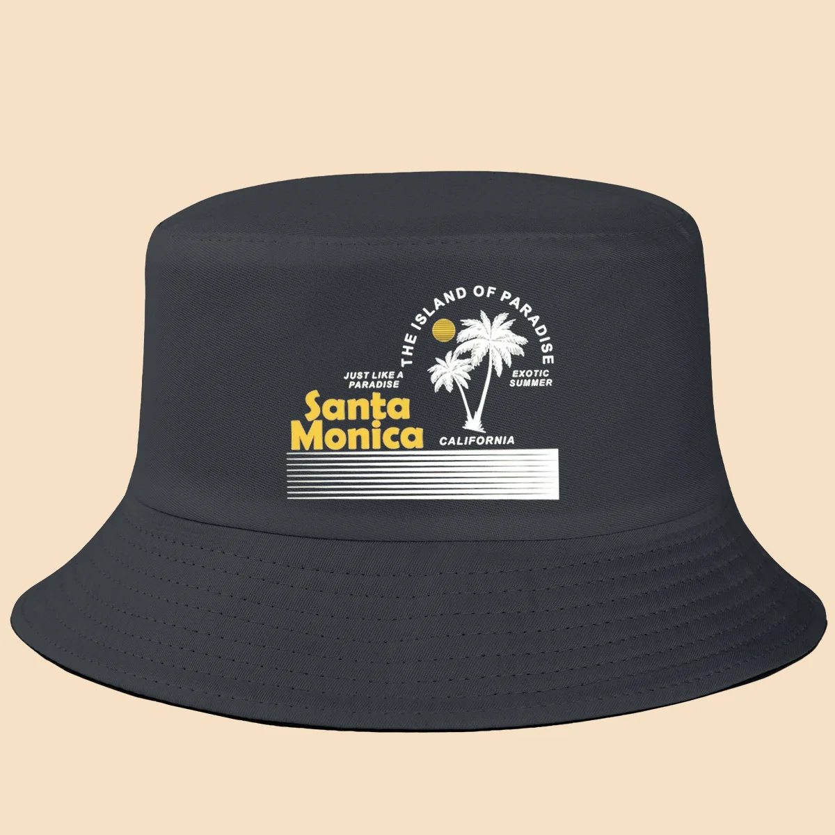1 pieza de sombrero de pescador con estampado de sol y doble árbol de coco bordado en inglés, con la inscripción "Santa Monica CALIFORNIA", de la colección "LAND OF FLOWERS"
