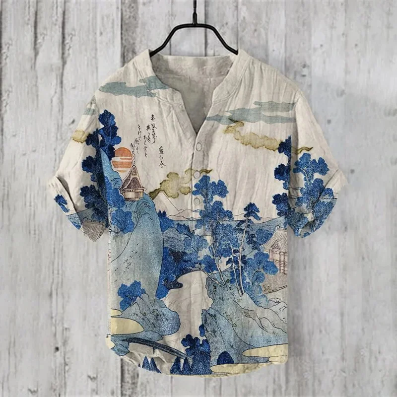 

Men's casual V-neck shirt with short sleeves and Henry shirt art illustration printed top