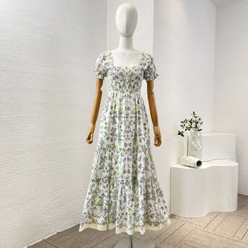 Women's Midi Dress White Morning Glory Insect Print Square Neck Puff Shorts Sleeves New High Quality2024