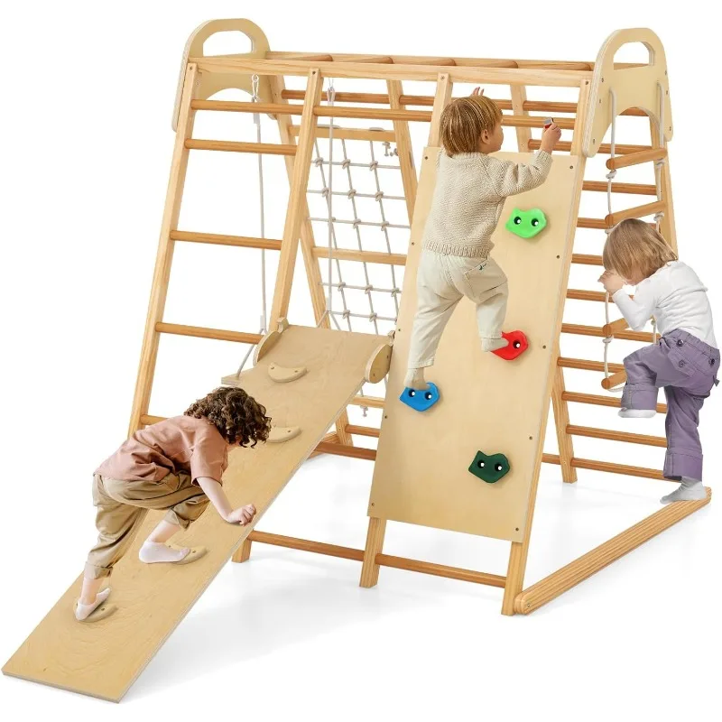 8 in 1 Kids Indoor Playground Climbing Playset for Toddlers with Slide Swing Net Monkey Bar，r Jungle Gym,