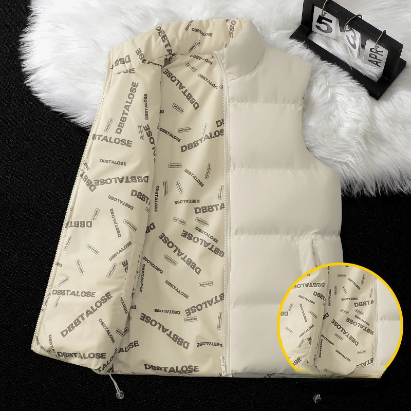 New Autumn and Winter Double-sided Dressing Thick Insulation Vest Trend Casual Letter Printing Men's Top Young Men Style Coat