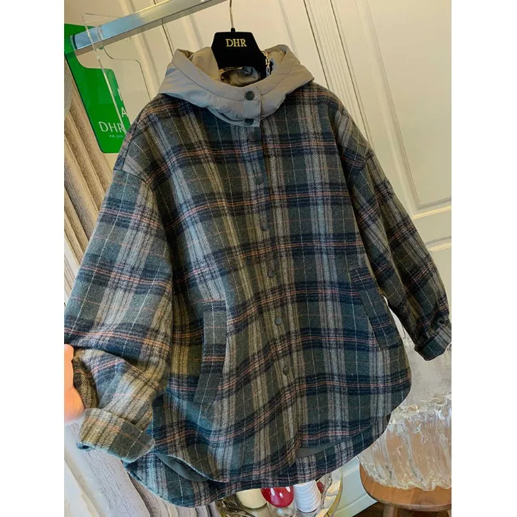 

Vintage Plaid Thiened Cotton Outerwear Women's Autumn Winter Warm Hooded Jaet Loose Anti-aging Cotton Clothes