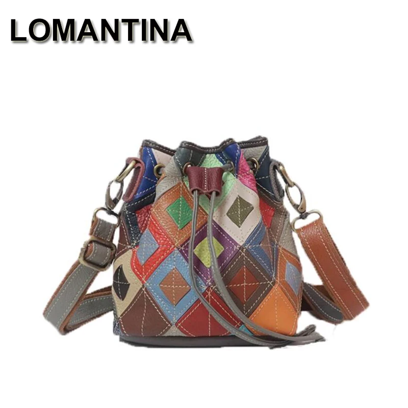 LOMANTINA  New Summer Spring Colorful Bucket Bags For Girls High Quality Genuine Leather Designer Small Tote Crossbody Messenger