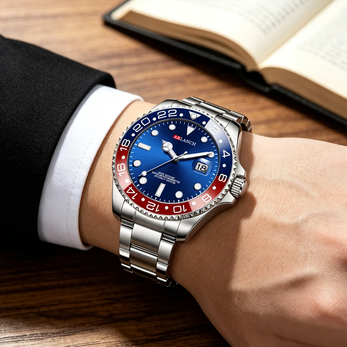 Relógio de Aço Inoxidável 40mm, Estilo Empresarial, Série de Mergulho com Círculo Vermelho e Azul, Relógio de Quartzo com Lente de Aumento e Calendário, montre homme