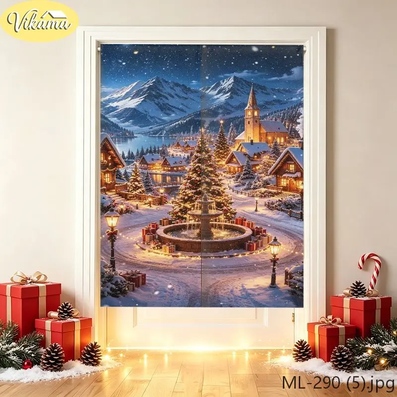 VIKAMA Christmas Door Curtain Cozy Fireplace Living Room HD Print, Easy Hang Festive Door Cover, Winter Holiday Decor - view 2