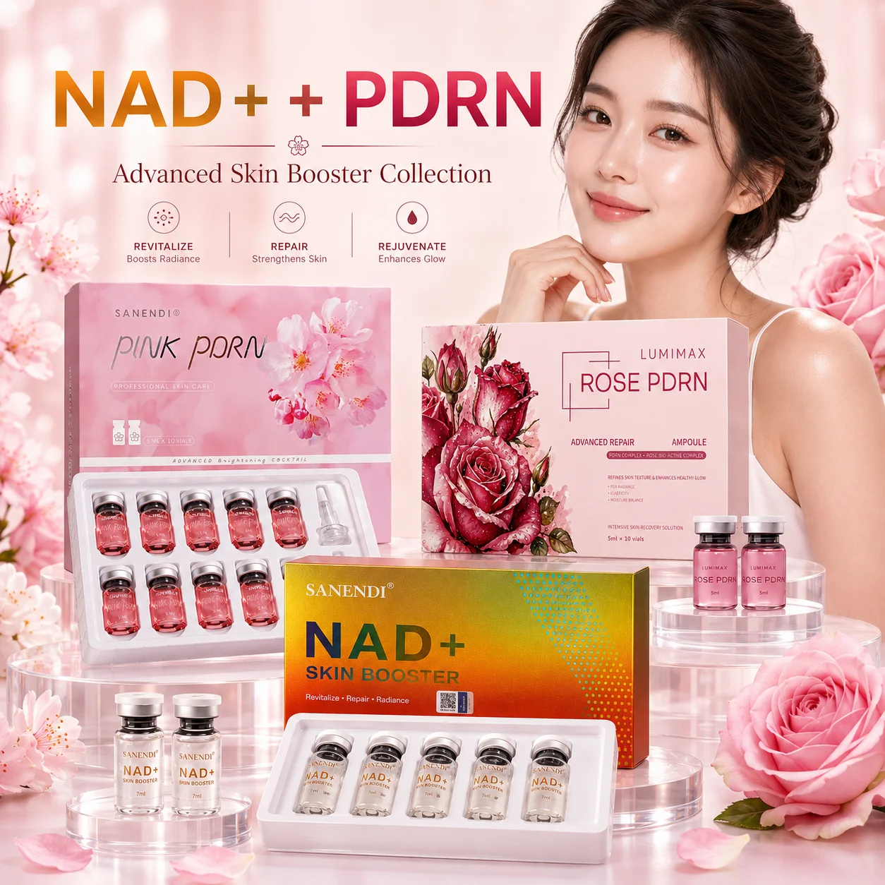 3 in 1 NAD+ PDRN Serum Korean Skin Care Hydration Firming Rose Pink PDRN Skin Booster Sanendi Beauty Radiance Face Care Essence