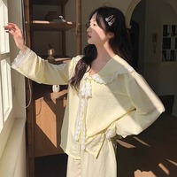 Lace Sleepwear Women Pajama Sets Long Sleeve Piiama Korean Pants Sets 2 Pieces Casual Night Wears Button Autumn Solid Home Suit