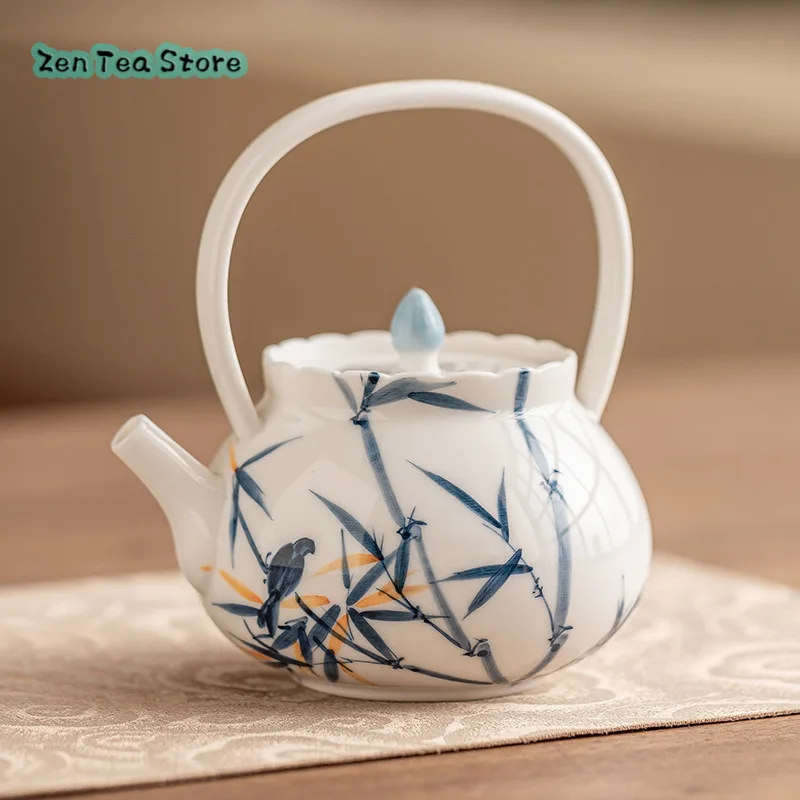 Hand-painted Ink Bamboo Beam Pot Dehua White Porcelain Teapot Single Pot Home Afternoon Tea Ladies Tea Set Tea Small Pot