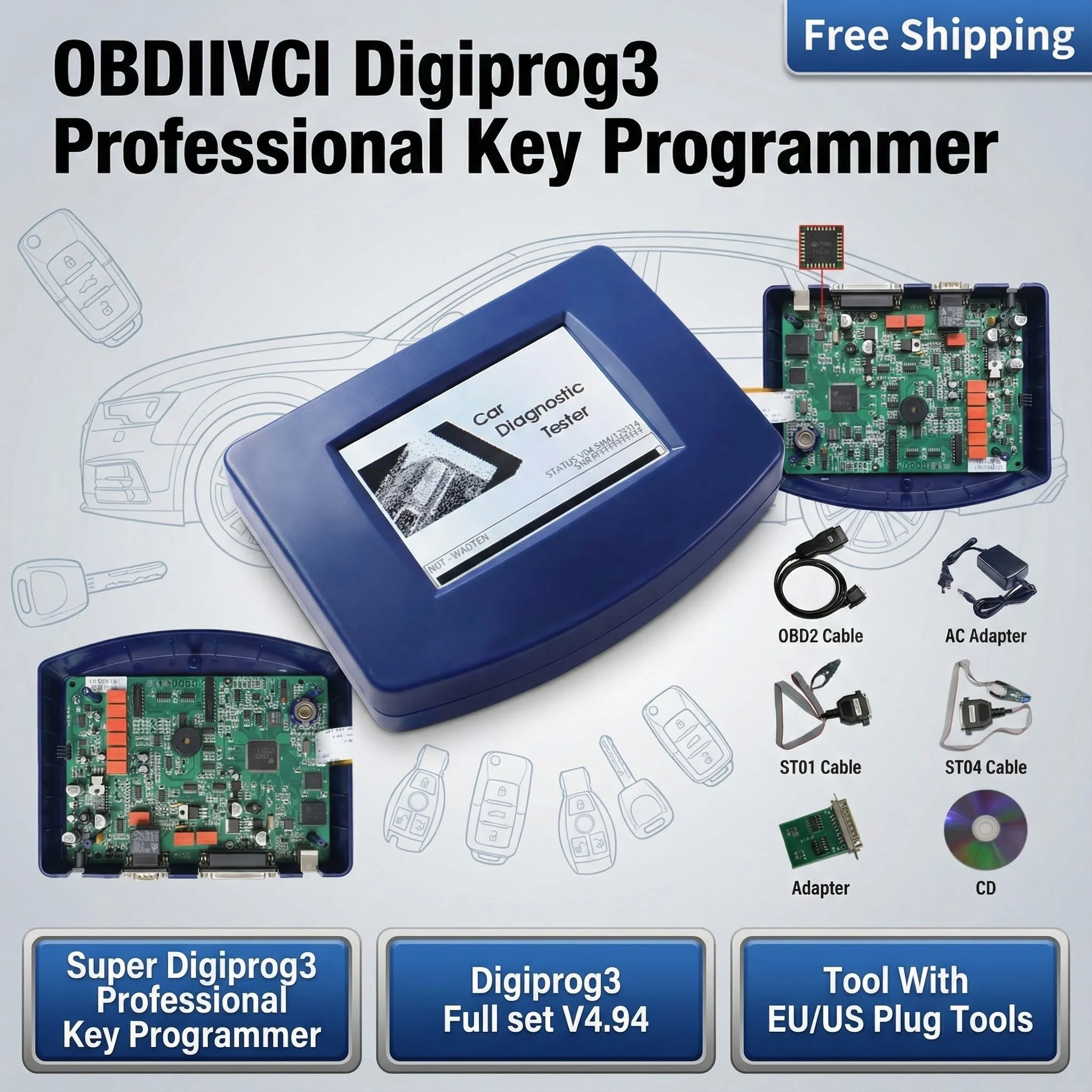 

OBDIIVCI Digiprog3 Полный комплект V4.94 Программатор для сопоставления ключей и защиты от угона Digiprog III Инструмент для корректировки пробега с вилками EU/US
