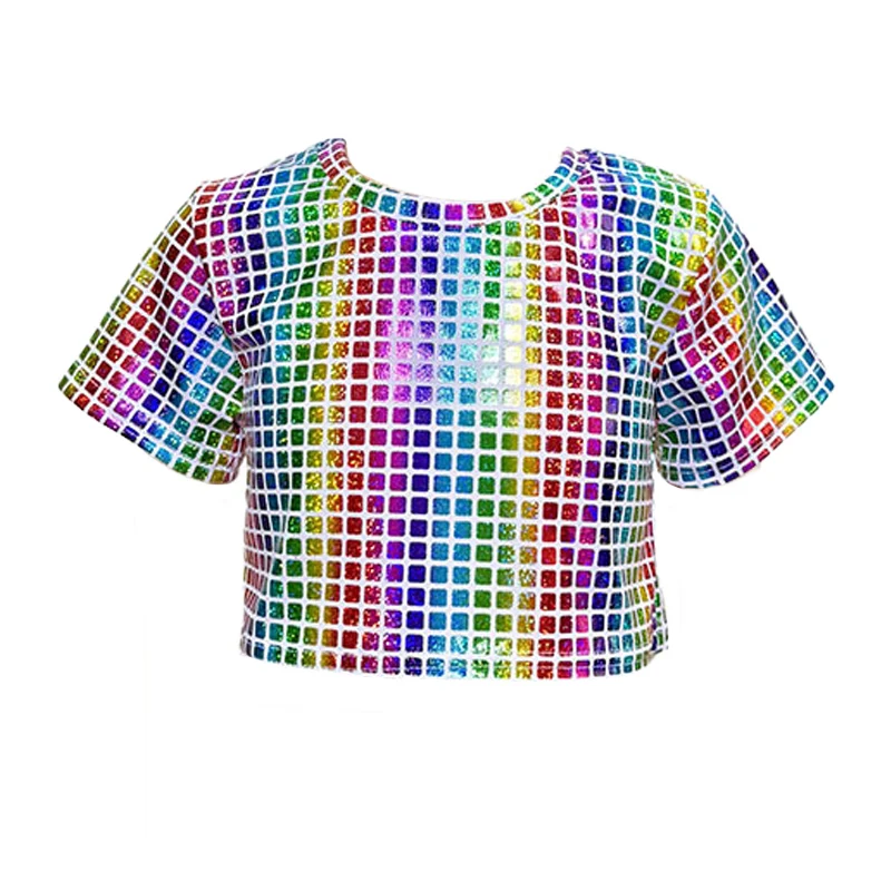 Kids Shiny Metallic Short-sleeved Crop Top Laser Grid Mock Neck Hip-hop Jazz Dance Costumes Street Dance Stage Performance Wear