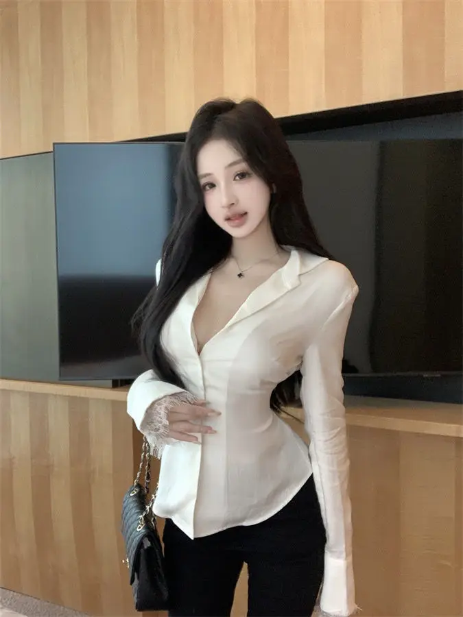Backless Lace Youthful Fashion Black Long Sleeve Shirt Women V Neck Patchwork Elegant Basic Blouse Lady Office Casual White Top