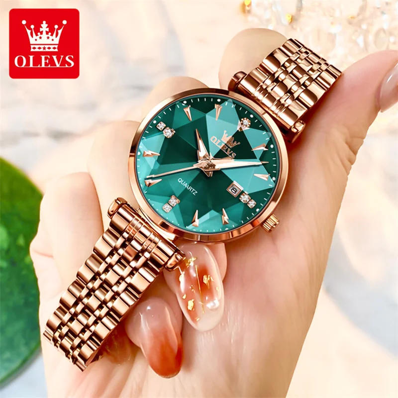 OLEVS Fashion Rhombus Mirror Green Quartz Womens Watches Top Brand Luxury Stainless Steel Waterproof Luminous Date Watch Women