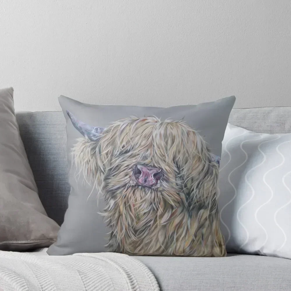 Goldilochs. Highland cow, hairy cow, Heilan Scottish coo art by award-winning UK artist Sam Fenner Throw Pillow