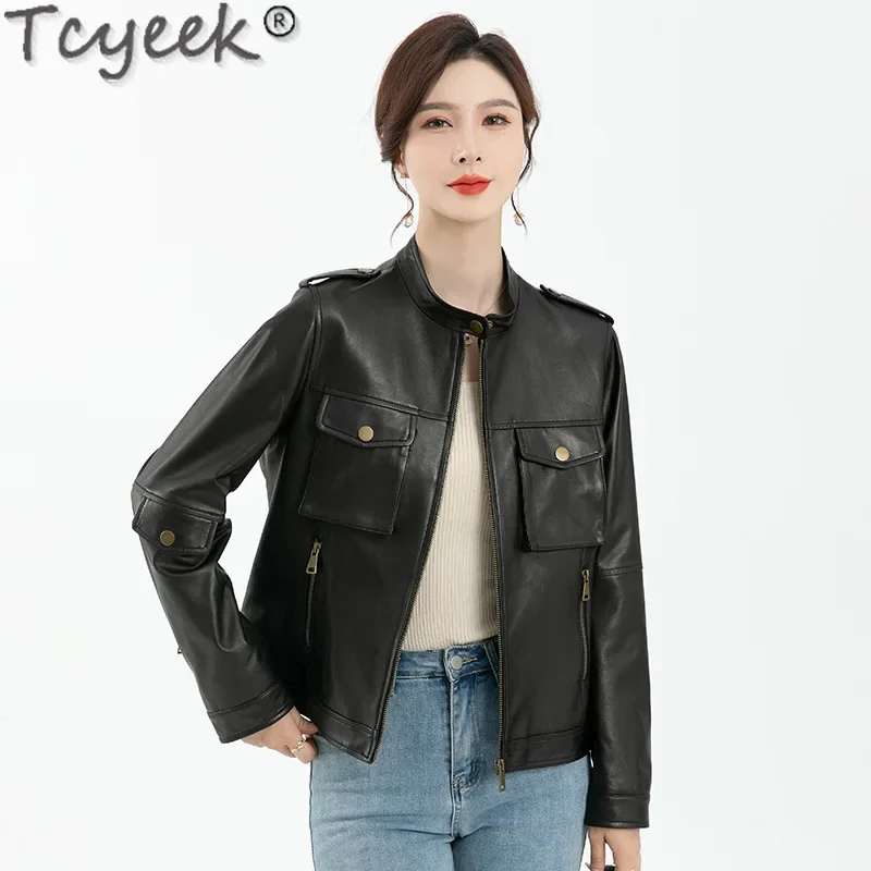 Tcyeek Veste en cuir véritable pour femme, manteau en peau de mouton, vêtements de printemps et d'automne, mode féminine