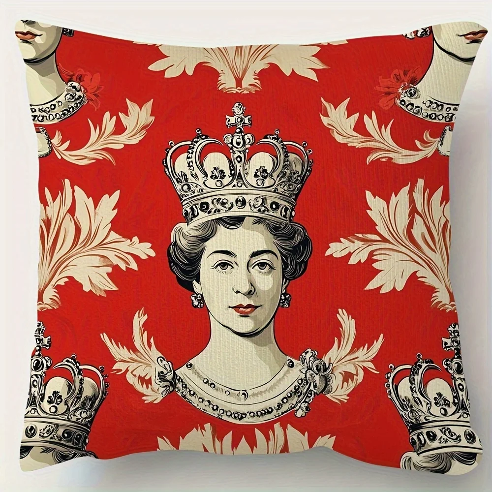 Queen Elizabeth Print Throw Pillow Cover Vintage Royal Crown Floral Pattern Decorative Cushion Case for Home Sofa Couch