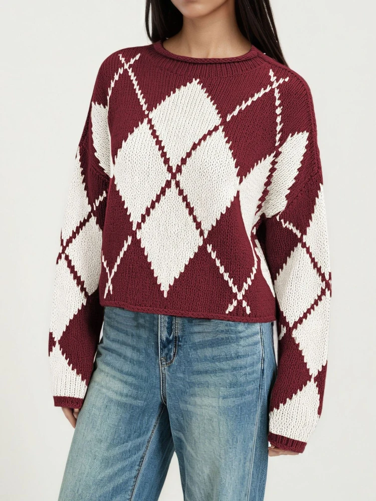 Autumn Winter Women's Knit Elegant Sweater for Women Long Sleeve Tops Casual Geometric Printed Pullover Loose Female Jumper