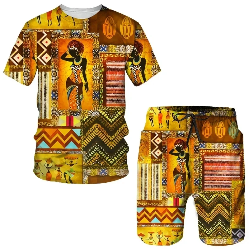 Men Women Sports Suit 3D African Print T-Shirt Shorts Short Sleeve Ethnic Style Fashion Hip Hop Streetwear Summer 2024