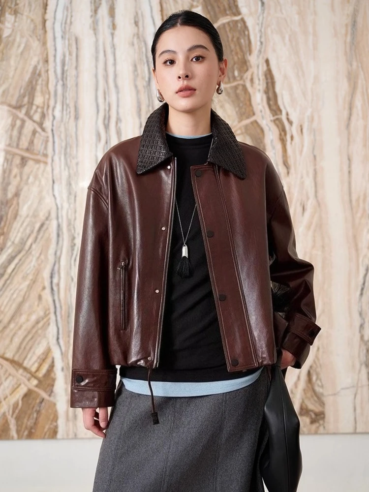 

Casual Short Genuine Leather Jacket for Women Spring Autumn High-end Simple Contrast Lapel Design Solid Soft Real Sheepskin Coat