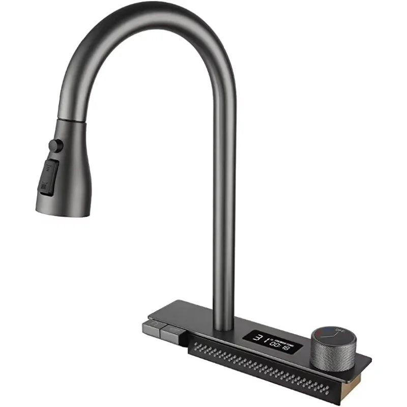 Torneira de cozinha com pulverizador pull down, arco alto único com display de temperatura, cozinha cascata de chuva