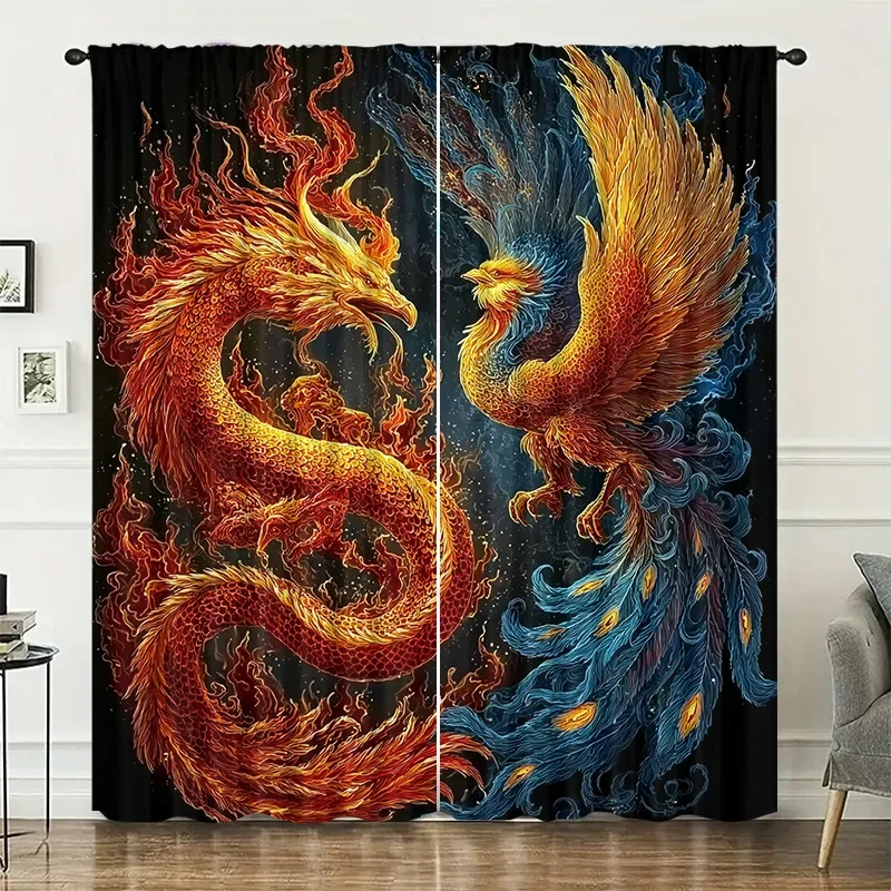 Flame Phoenix and Fiery Dragon Print Drapes Room Darkening Window Curtains for Home Decor,Rod Pocket Blackout Curtains Bedroom
