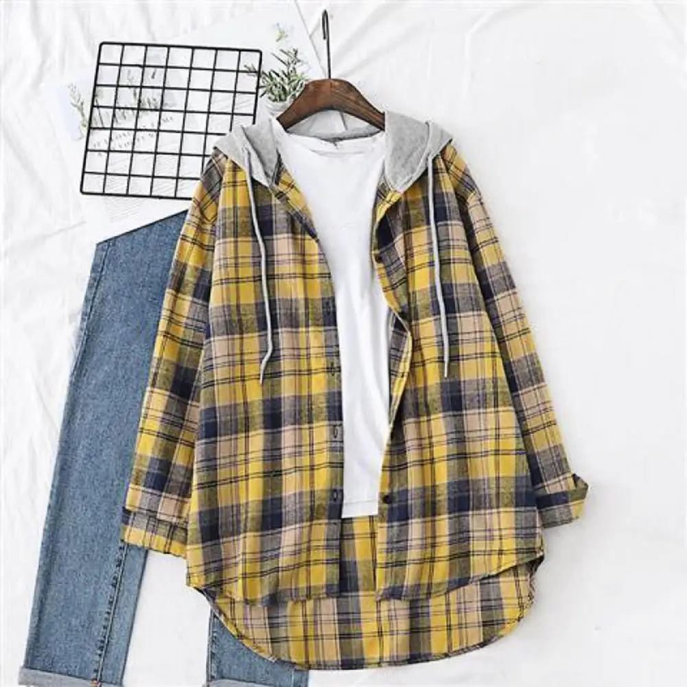 Women Hoodie Coat Plaid Print  Loose Hooded Long Sleeves Drawstring Cardigan Single-breasted Buttons Spring Jacket for Daily