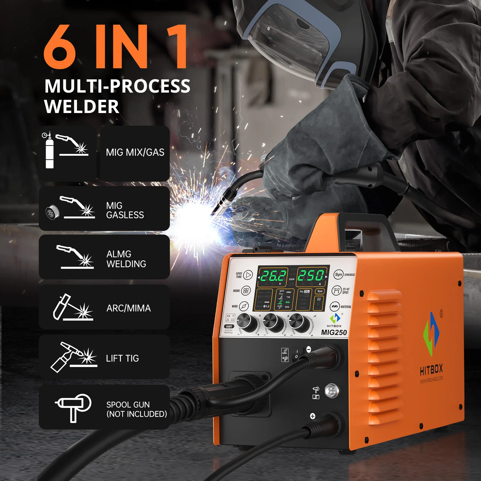HITBOX MIG250 Aluminum Pulse MIG Welder Dual Voltage 110V/220V 6 in 1 ARC/MMA/Stick Gas/Gasless MIG Lift TIG Spool Gun IGBT Inverter Welding Machine Large Smart Digital Display 2T/4T Spot Welding Multi-Process Synergic Welder