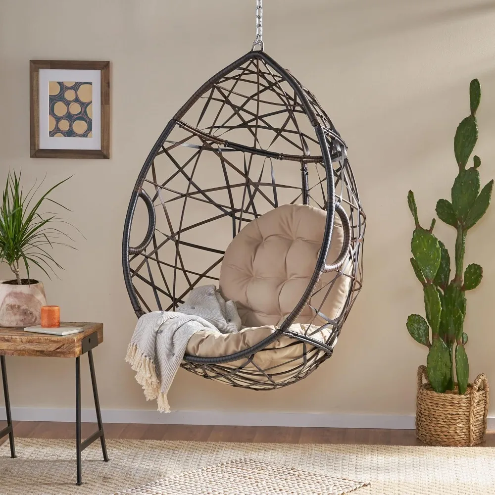 Indoor/Outdoor Wicker Tear Drop Hanging Chair (Stand Not Included), Multi-Brown and Tan