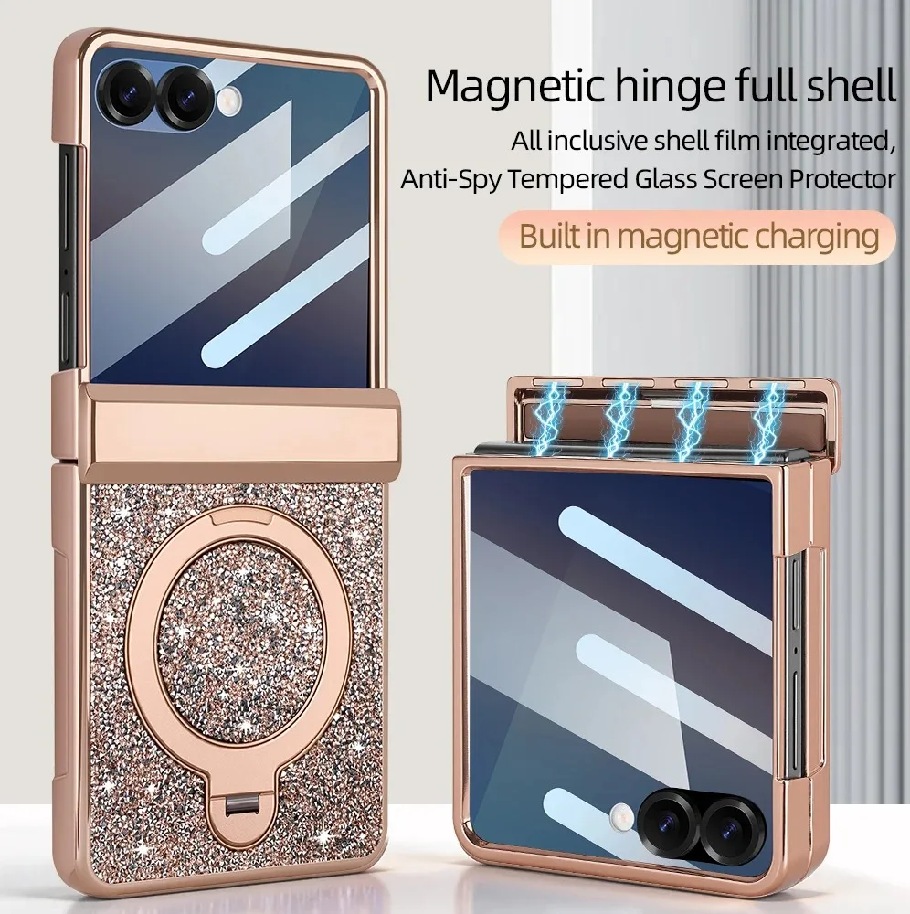 

Fashion Magnetic Full Protector Shinny Phone Cover for Samsung Galaxy Z Flip 7/6 PU Leather with Kickstand Holder Film Included