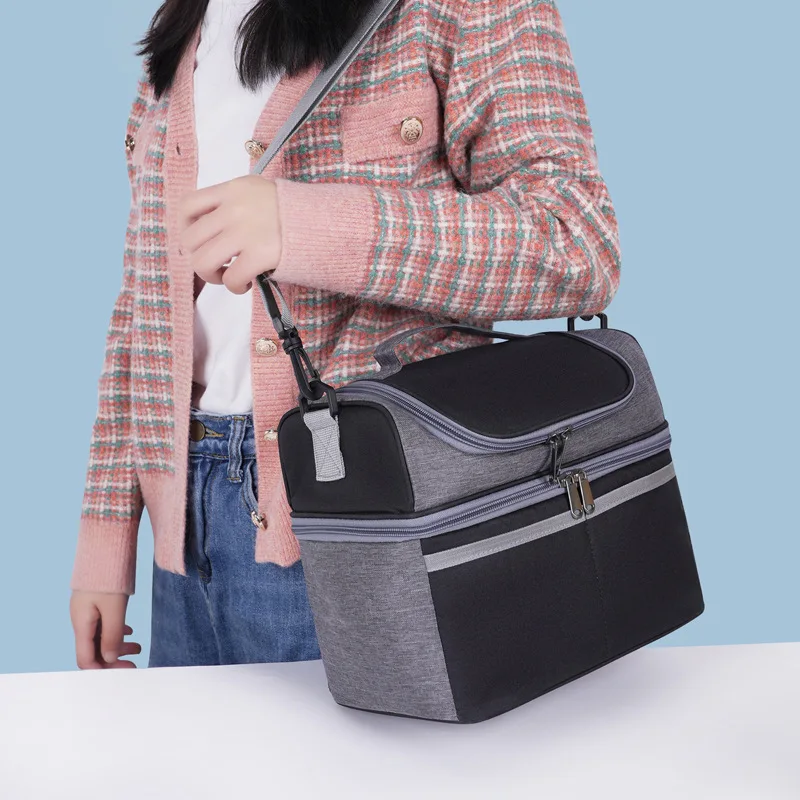Double Layer Color Block Lunch Bag Thickened Aluminum Foil Large Capacity Fresh Ice Bag Portable