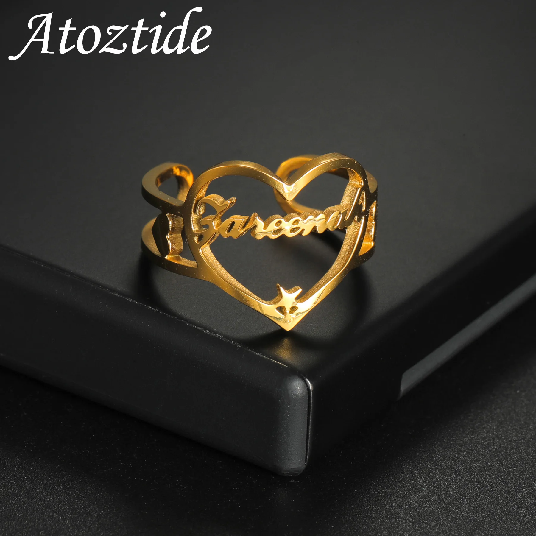 

Atoztide Custom Name Ring For Women Fashion Adjustable Stainless Steel Jewelry Personalized Heart Man Ring Couple Wedding Gift