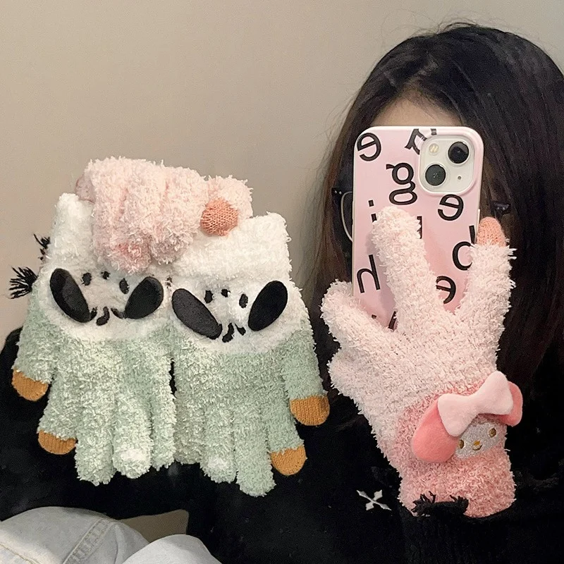 

new Kuromi Gloves Plush Sanrio Cold-Proof My Melody Cinnamoroll Five-Finger Gloves Touch Screen Pochacco Child Christmas gift