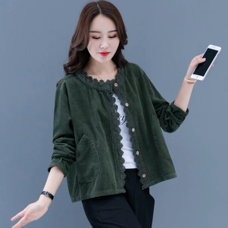 

Вельветовые куртки женские свободные кружевные дизайнерские пальто винтажные литературные универсальные элегантные уличные классические женские повседневные весенне-осенние